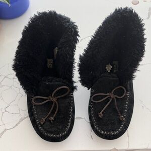 UGG Women's Alena moccasin slippers in black suede with a sheepskin cuff